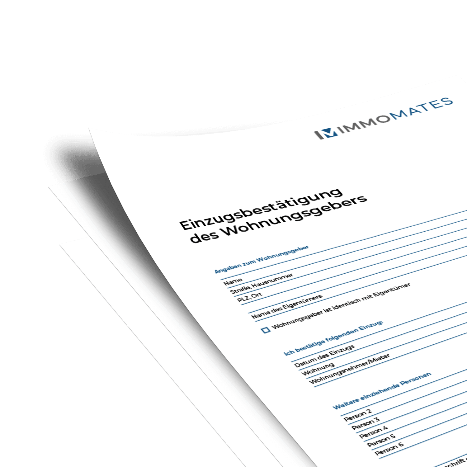 Detailaufnahme eines leicht schräg liegenden Formulars zur Einzugsbestätigung des Wohnungsgebers auf weißem Hintergrund, mit deutlich lesbaren Formularfeldern.