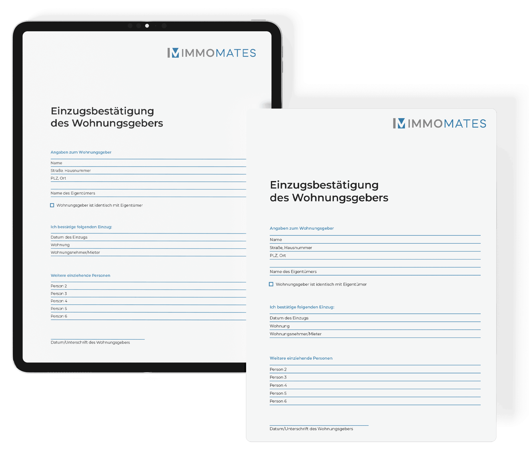 Formular zur Einzugsbestätigung des Wohnungsgebers in zwei Varianten: auf einem Tablet und als Ausdruck nebeneinander, mit Feldern für Wohnungsgeber- und Einzugsdaten.