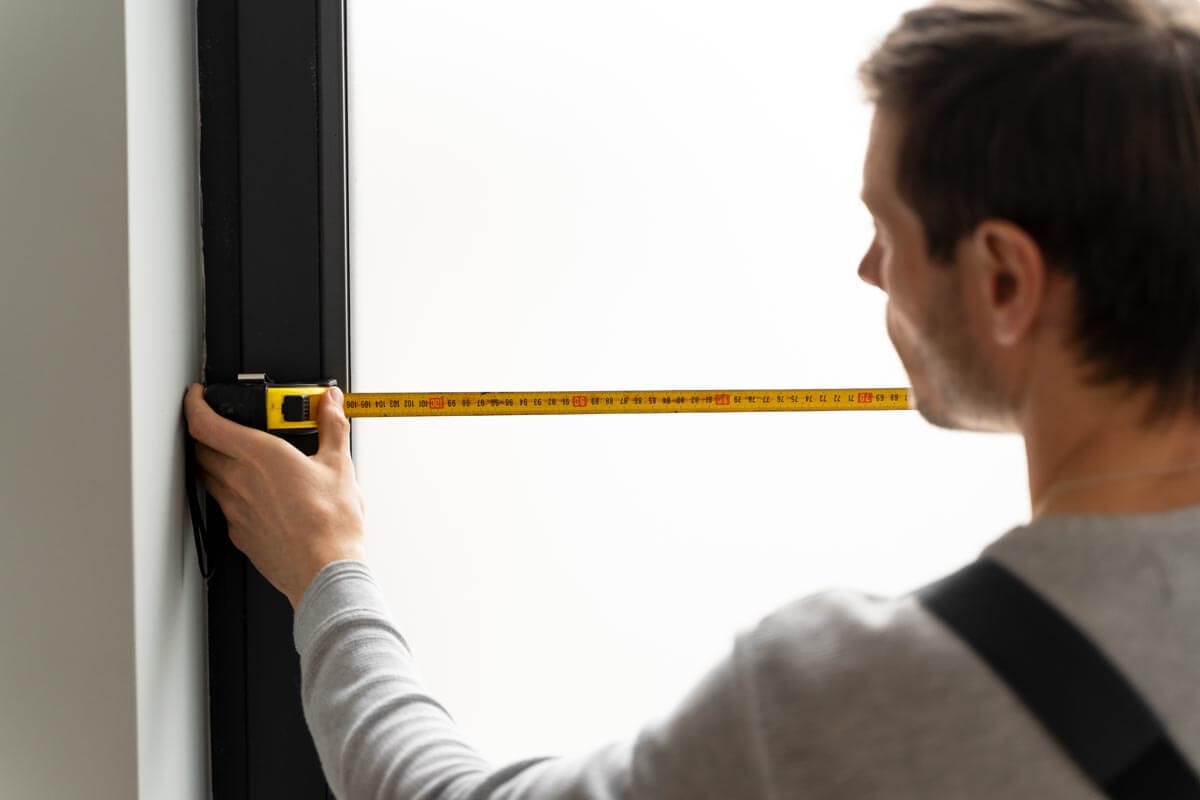 Ein Bauarbeiter ist von hinten zu sehen, wie er mit einem Maßband ein Fenster ausmisst.