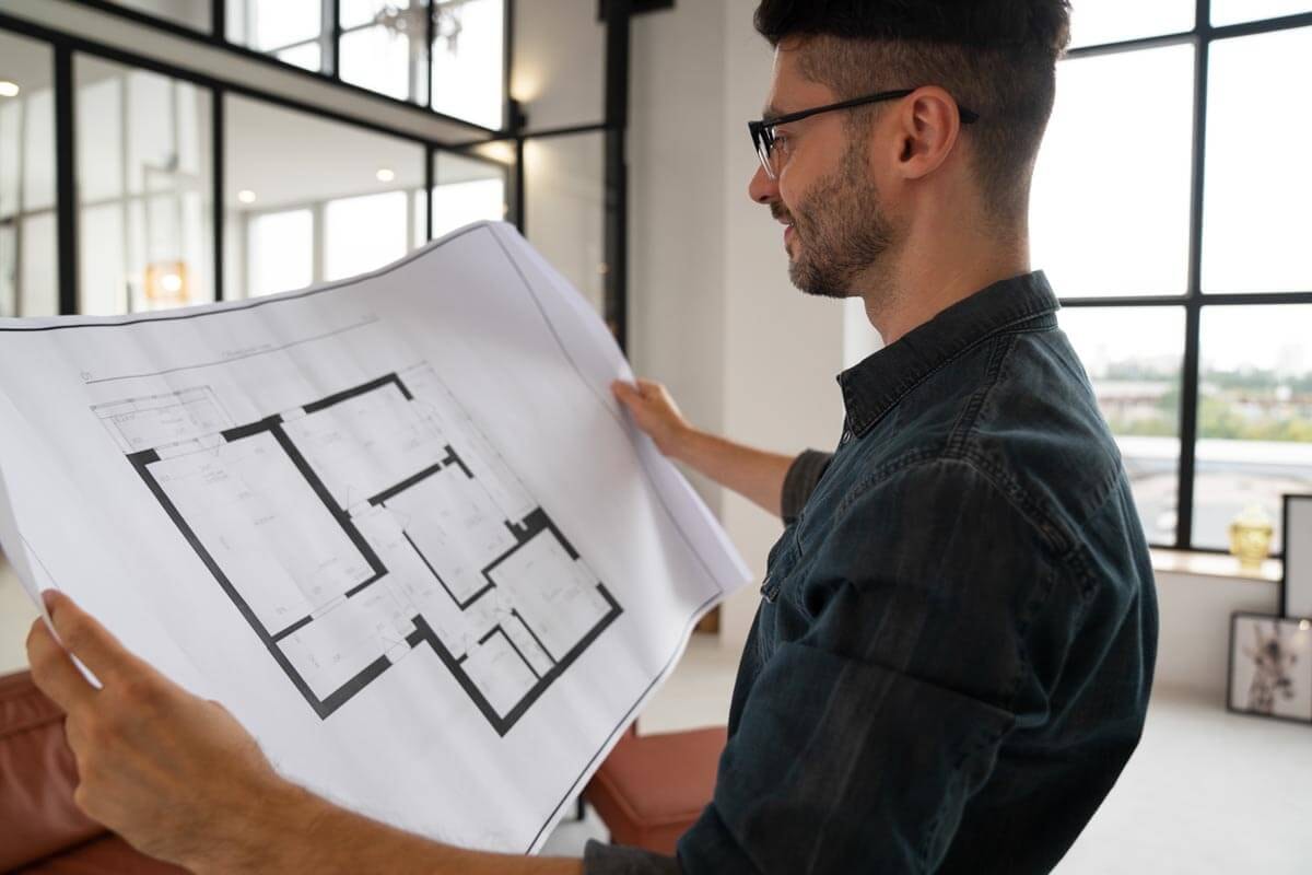 Architekt betrachtet zufrieden einen Grundriss, den er hochhält, im Hintergrund ist ein Atelier-Setting zu erkennen.