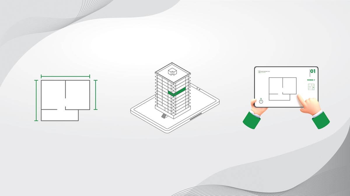 Drei kleine schematische Icons: ein stark vereinfachter Grundriss, Ein Appartment Tower und ein Tablet, das von einer Hand gehalten wird, während die andere auf ein Detail des Factsheets deutet, das im Tablet zu sehen ist.