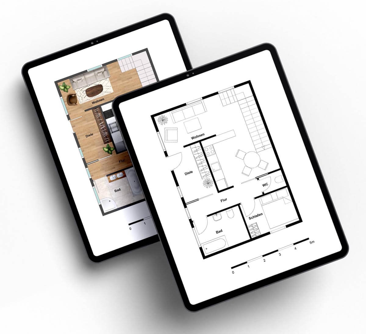 Zwei Tablets übereinander mit unterschiedlichen Ausfertigungen desselben Grundrisses des Erdgeschoss eines Einfamilienhauses mit offener Küche und Treppe ins Obergeschoss.