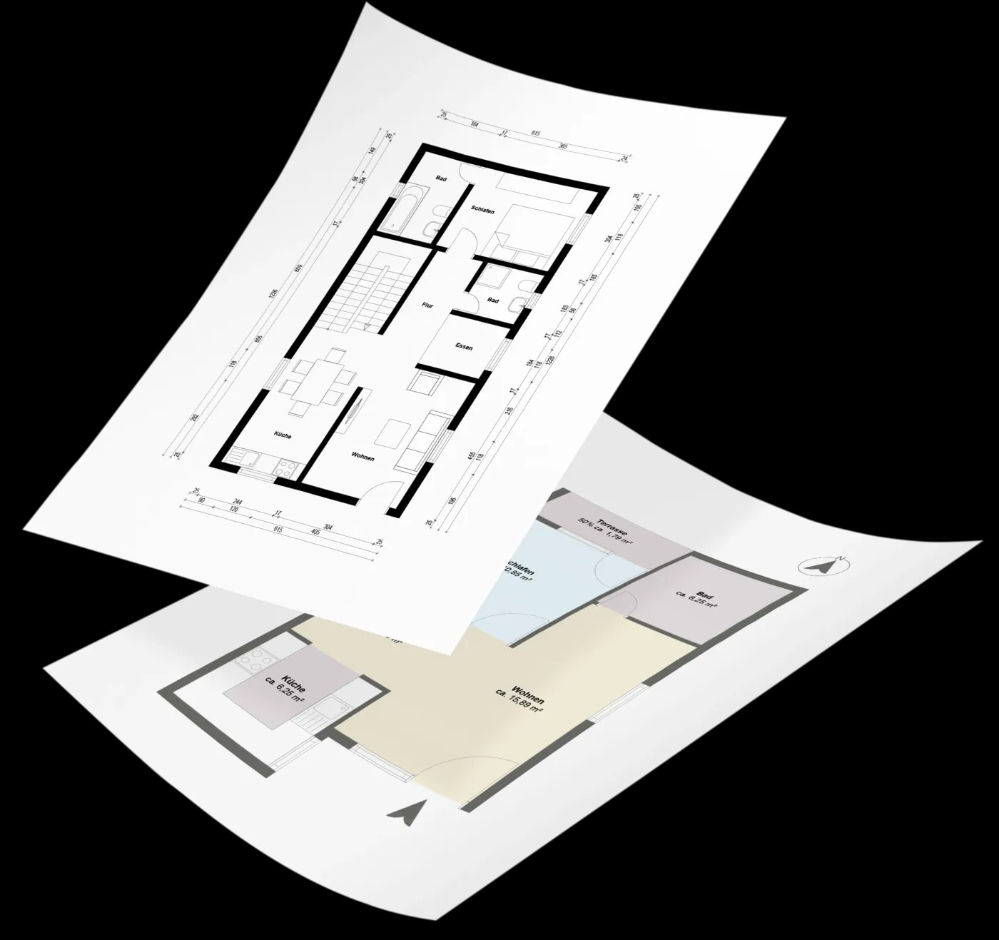 Zwei überlappende Grundrisse ohne Hintergrund, von denen der hintere einen einfachen Grundriss einer 2-Zimmer Wohnung und der vordere einen bemaßten Grundriss einer 2-Zimmer Wohnung mit offenem Wohnbereich zeigt .