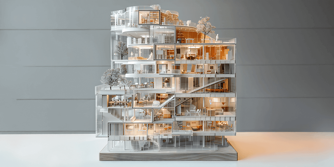 3D-Modell eines mehrgeschossigen Multifunktionsgebäudes mit durchgehender Glasfront und Beton-Edelstahl-Optik.