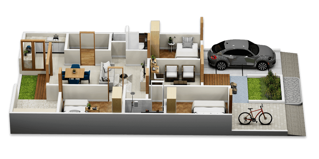 Schrägansicht von oben auf das 3D-Modell eines 3-Zimmer Bungalows mit Carport, Terrasse, zwei Dusche + WC und kombiniertem Wohn- und Essbereich.