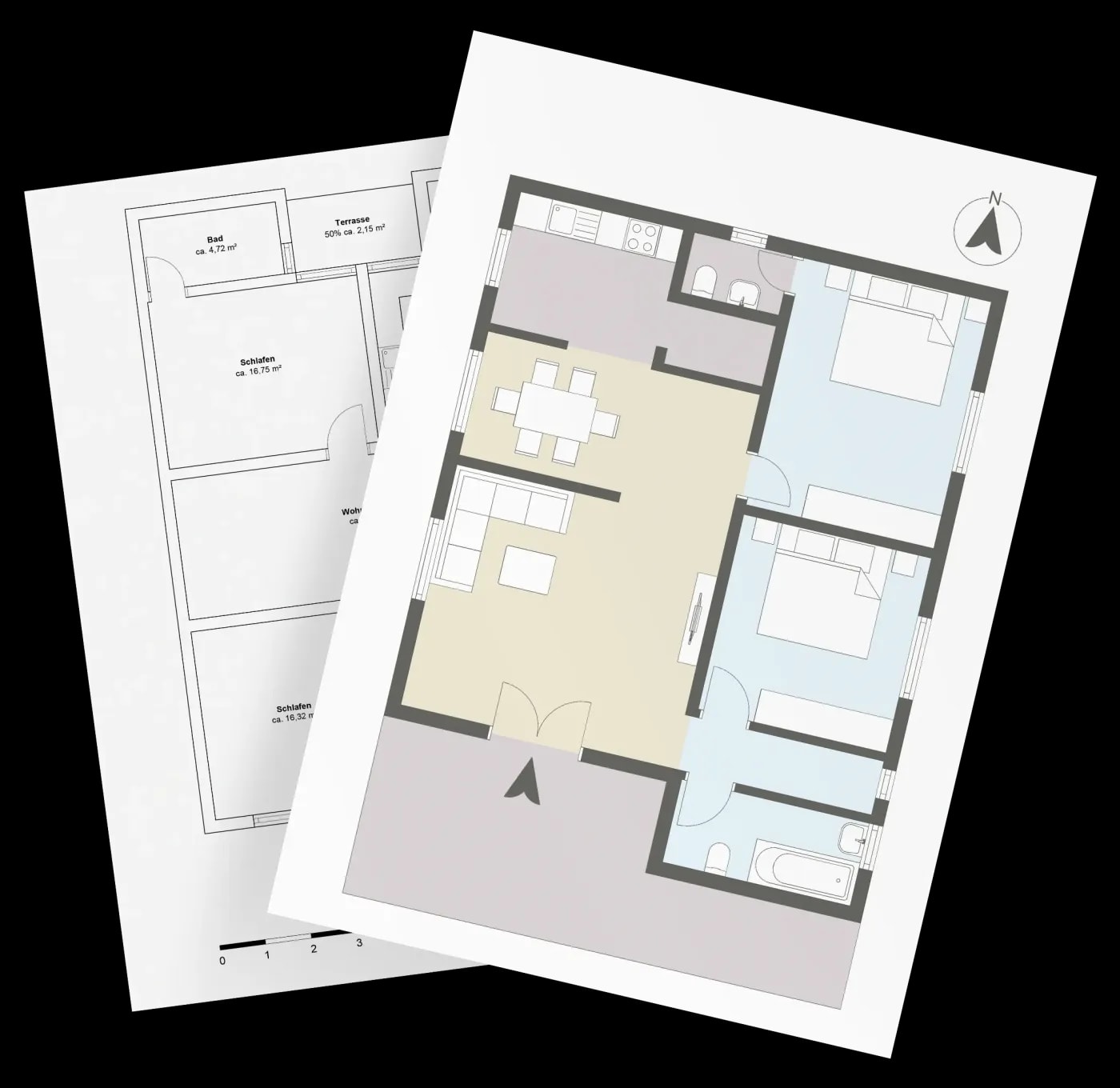 Zwei verschiedene Ausführungen von Grundrissen verschiedener Immobilien, ein schwarz-weißes und eine buntes Layout.