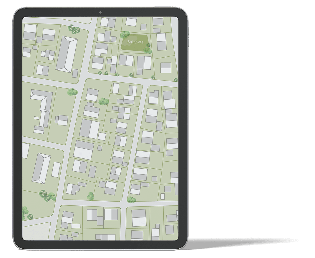 Ein Tablet zeigt die schematische Luftaufnahme eines städtischen Straßenblocks mit Bebauung und Bäumen.