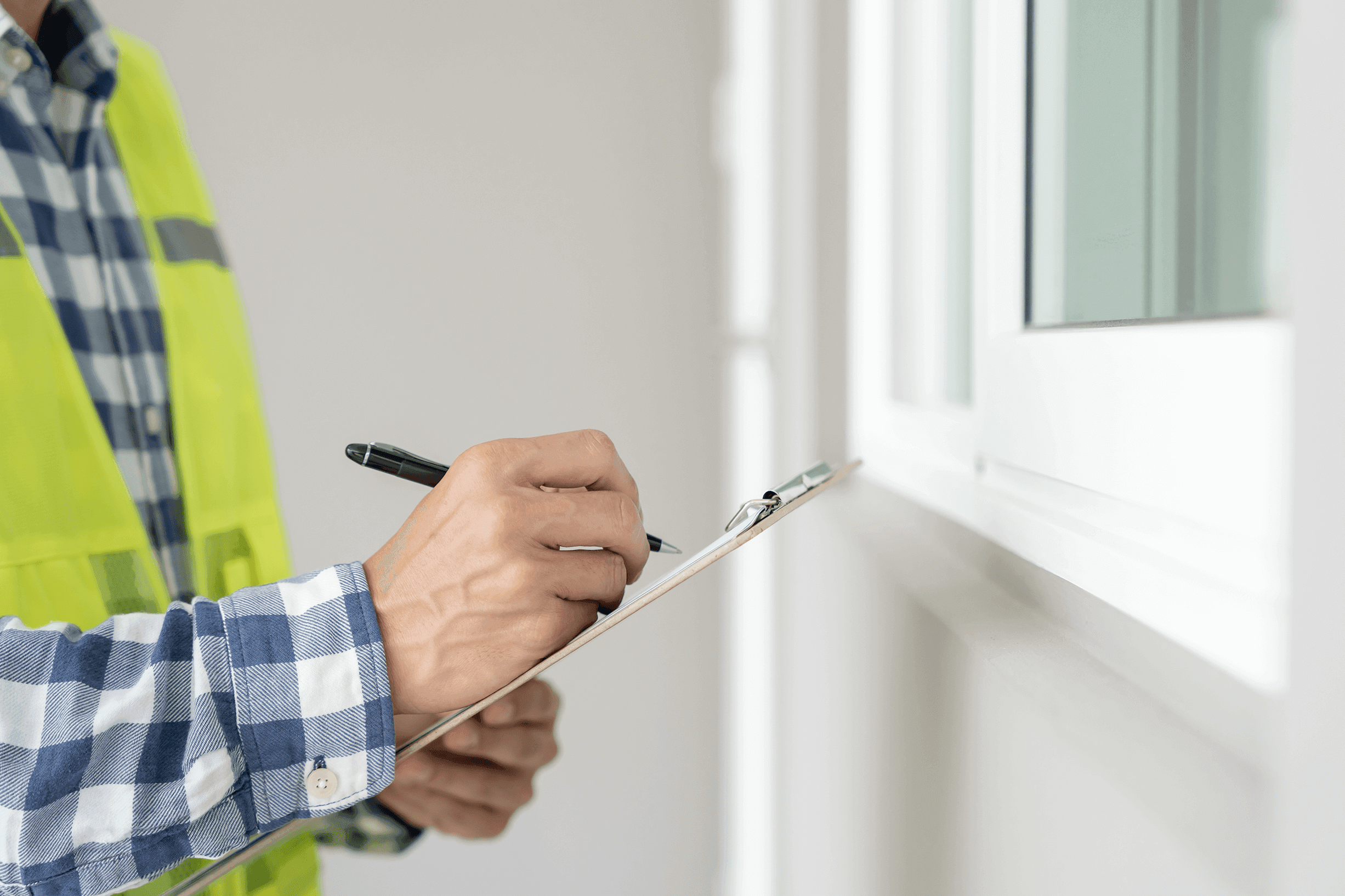 Nahaufnahme einer Person mit gelber Warnweste, die mit Klemmbrett und Stift in der Hand außen vor einem Fenster steht und Notizen macht. 
