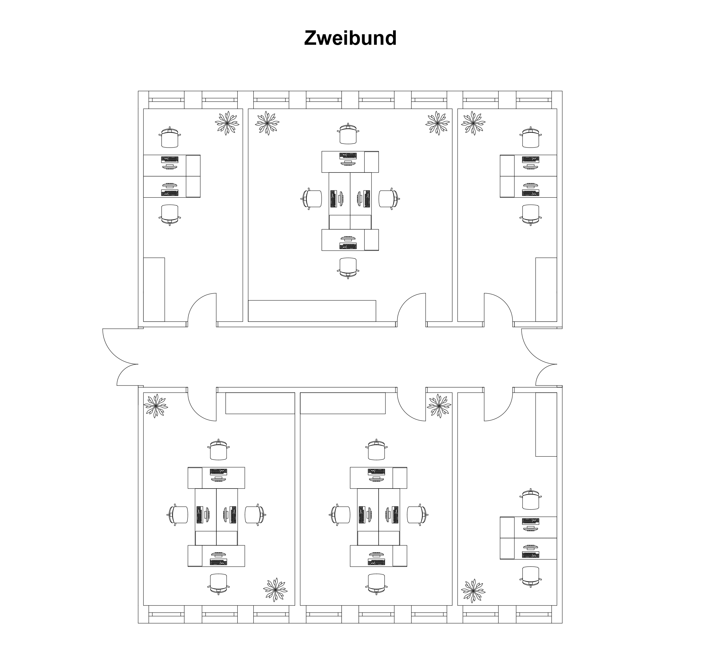 Detailansicht eines Grundrisses von sechs Büros mit einem Flur in der Mitte der beiden Büroeinheiten und der Beschriftung 'Zweibund'.