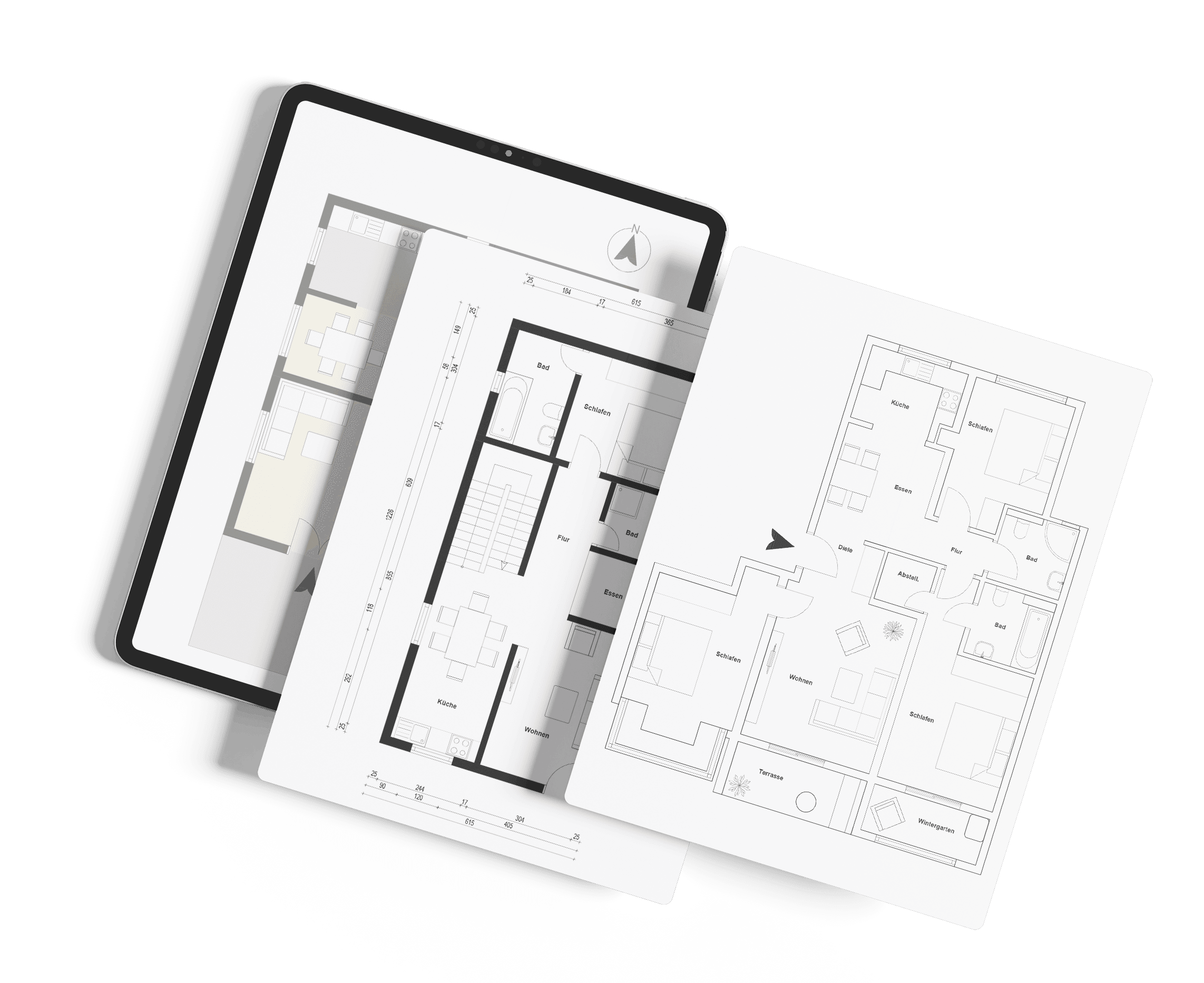 Drei verschiedene Grundrisse überlappend, der unterste, farbige in einem Tablet, darüber ein bemaßter und oben ein schwarz-weiß Grundriss einer 4,5-Zimmer Wohnung mit Balkon, offener Küche und zwei Badezimmern.