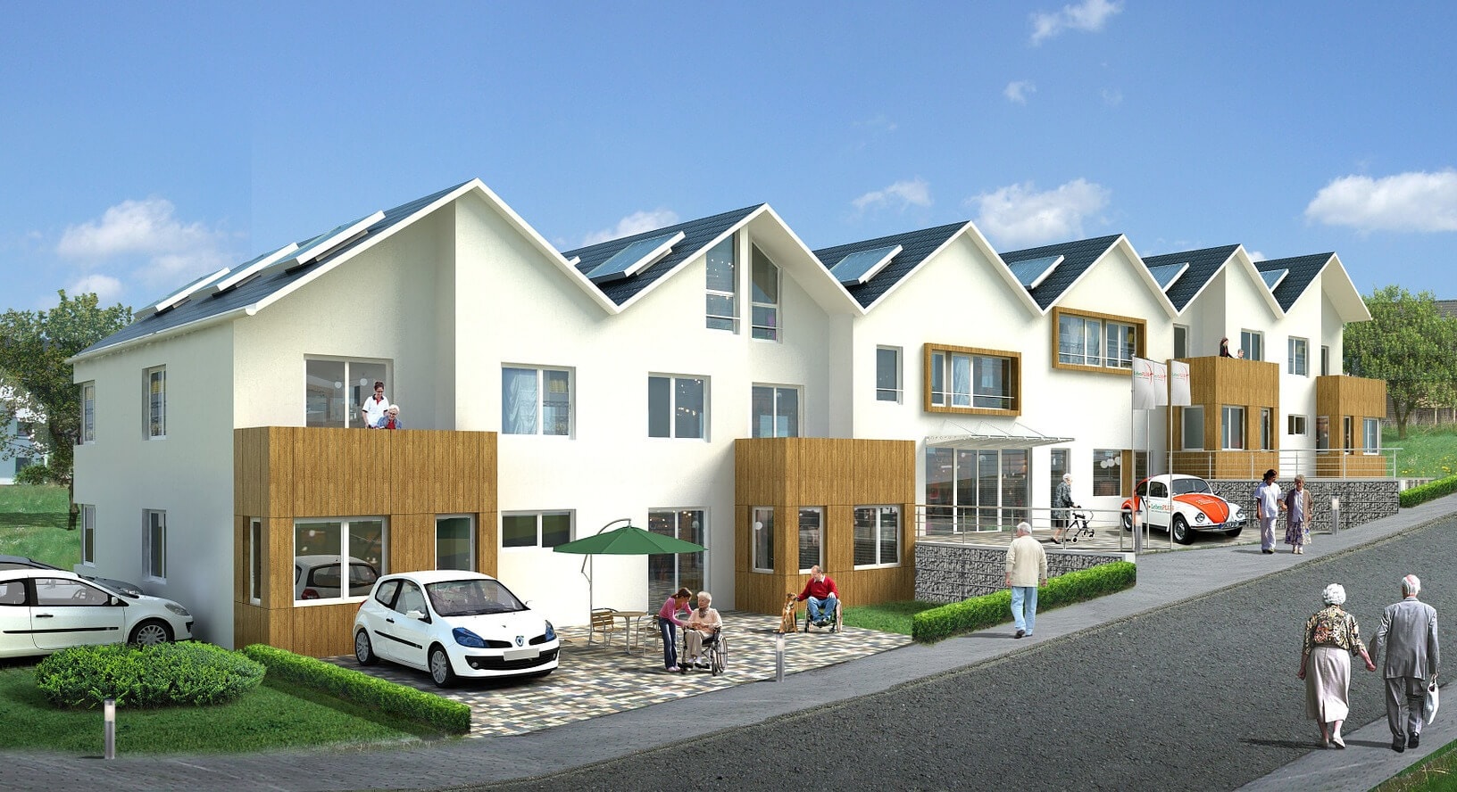 Modernes Reihenhaus mit jeweils holzverkleidetem Vorbau, Balkon über dem Vorbau und Naturstein gepflasteter Terrasse, sowie begrünten Akzenten am Gebäude.